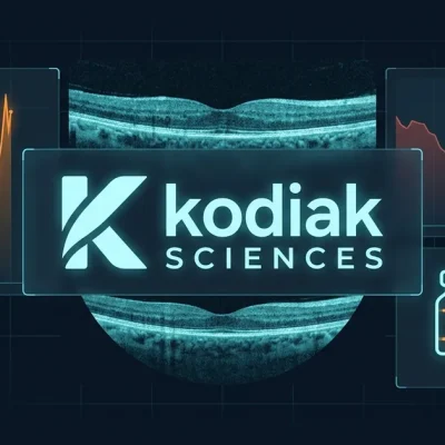 Kodiak Sciences logo glowing over a cyan retinal scan, flanked by a rising orange chart, a falling red chart and a vial and syringe icon