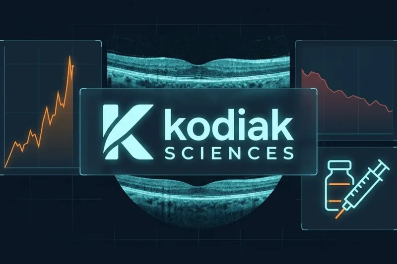Kodiak Sciences logo glowing over a cyan retinal scan, flanked by a rising orange chart, a falling red chart and a vial and syringe icon