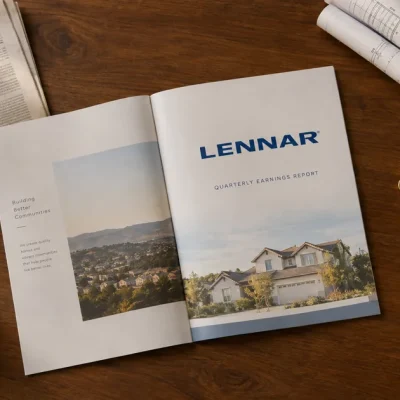 An open Lennar quarterly earnings report booklet on a walnut desk beside rolled house blueprints, a door key, a pen and coffee