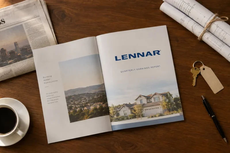 An open Lennar quarterly earnings report booklet on a walnut desk beside rolled house blueprints, a door key, a pen and coffee