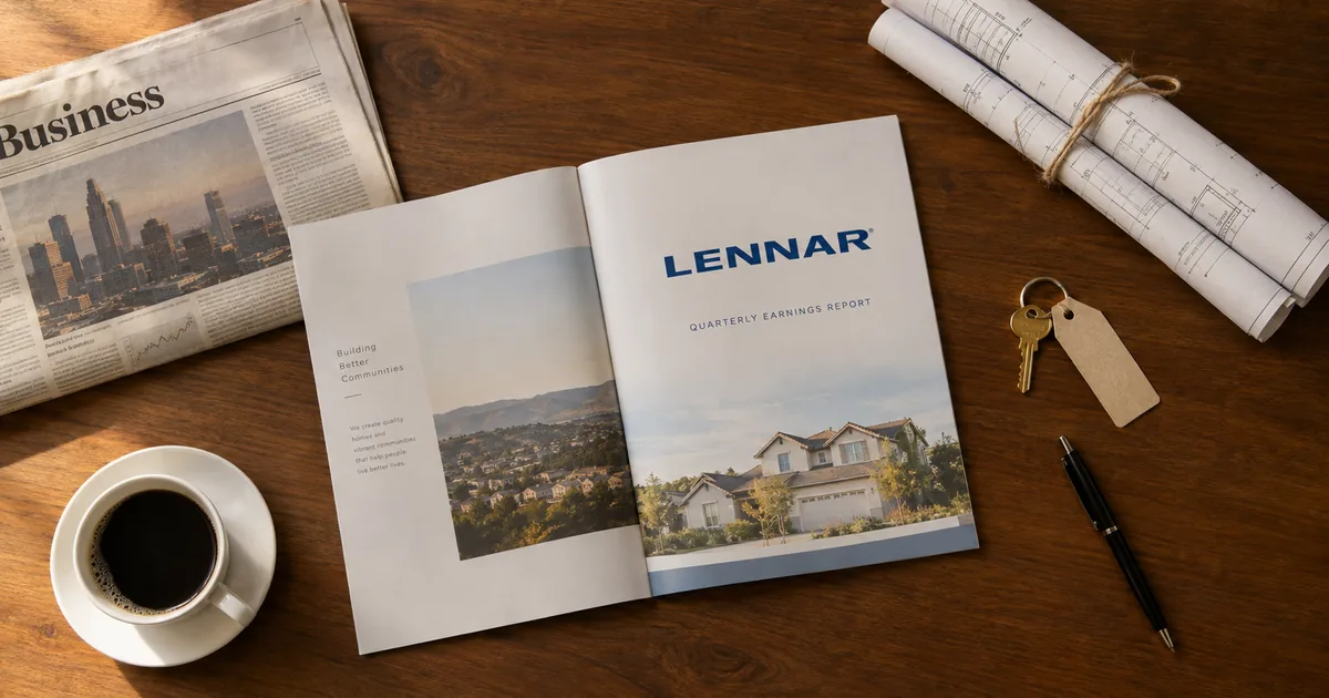 An open Lennar quarterly earnings report booklet on a walnut desk beside rolled house blueprints, a door key, a pen and coffee