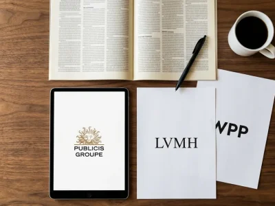 Overhead view of a wooden desk with a tablet showing the Publicis Groupe logo, a sheet with the LVMH wordmark, and a WPP sheet pushed half under an open trade magazine