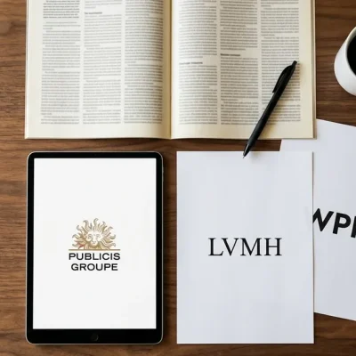 Overhead view of a wooden desk with a tablet showing the Publicis Groupe logo, a sheet with the LVMH wordmark, and a WPP sheet pushed half under an open trade magazine