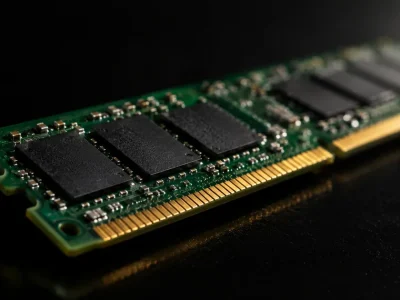 Extreme macro photograph of a green DRAM memory module with black chip packages and gold contact fingers lit against a dark background