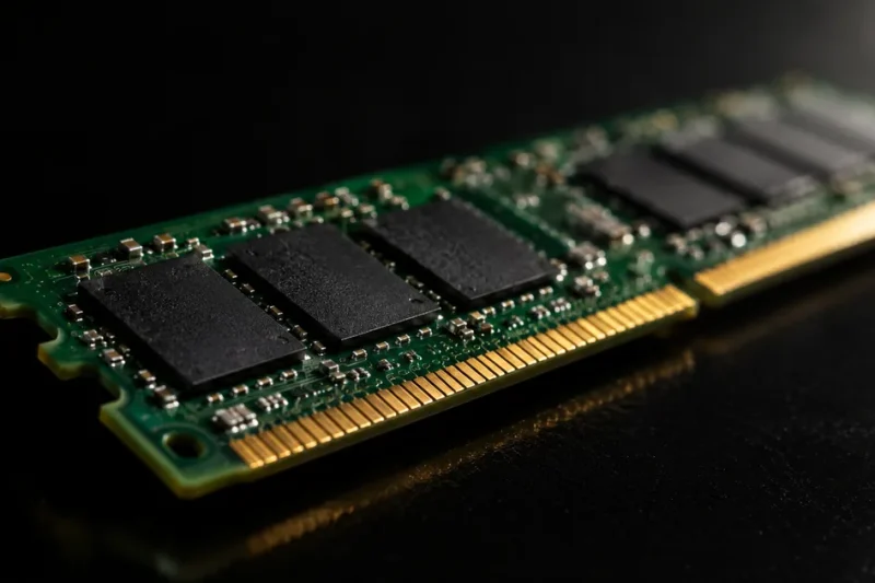 Extreme macro photograph of a green DRAM memory module with black chip packages and gold contact fingers lit against a dark background