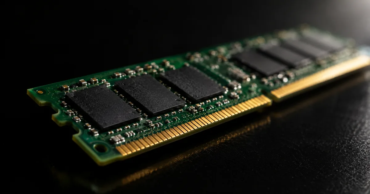 Extreme macro photograph of a green DRAM memory module with black chip packages and gold contact fingers lit against a dark background