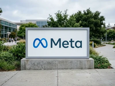 The Meta Platforms infinity logo on the freestanding entrance sign at the company's Menlo Park headquarters, photographed in natural daylight