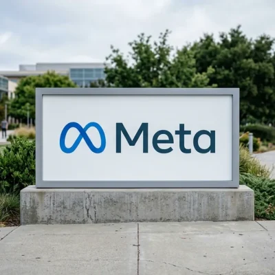 The Meta Platforms infinity logo on the freestanding entrance sign at the company's Menlo Park headquarters, photographed in natural daylight