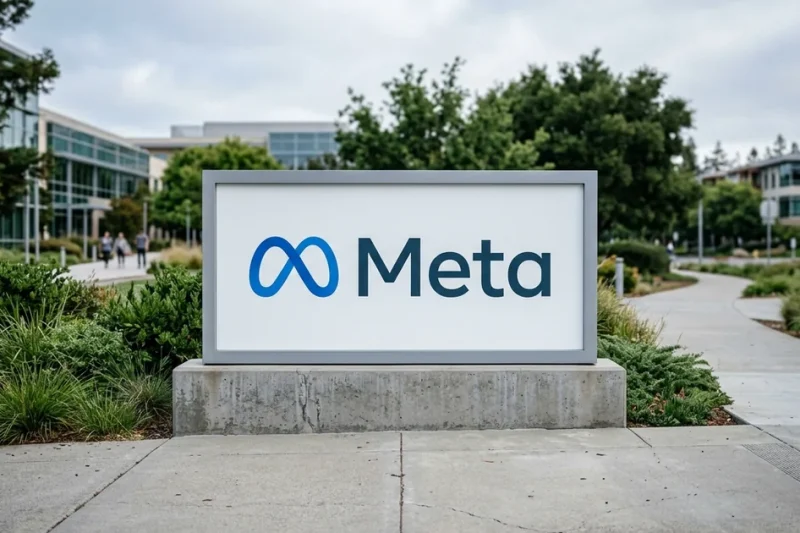 The Meta Platforms infinity logo on the freestanding entrance sign at the company's Menlo Park headquarters, photographed in natural daylight