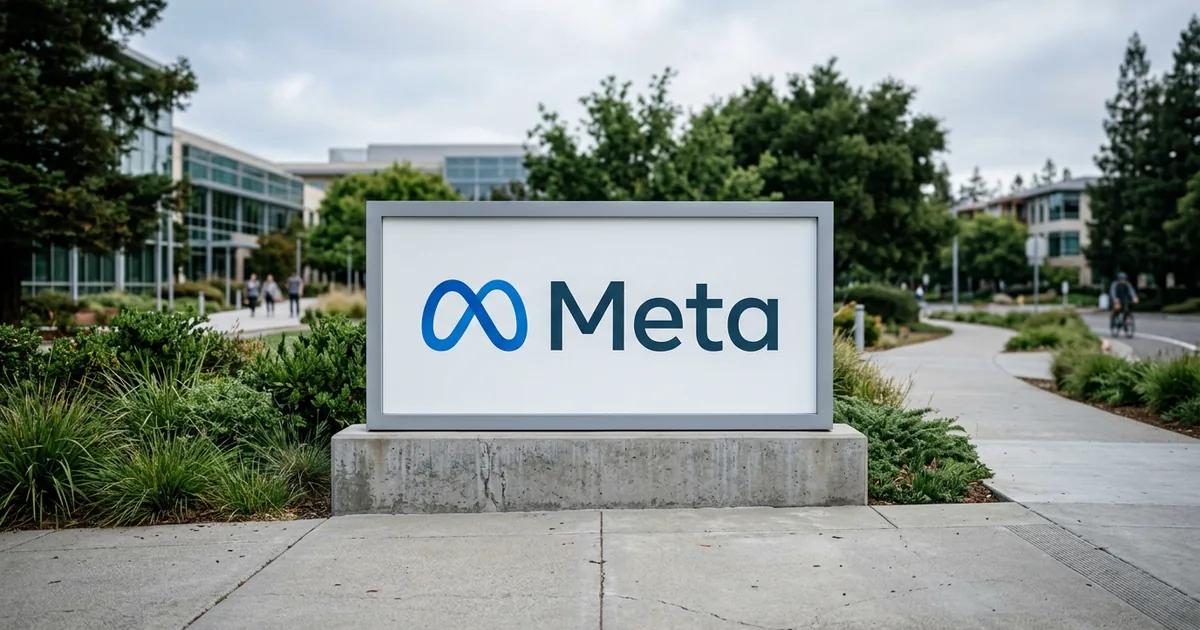 The Meta Platforms infinity logo on the freestanding entrance sign at the company's Menlo Park headquarters, photographed in natural daylight