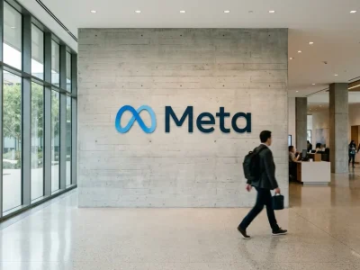The Meta infinity-loop logo mounted on a concrete lobby wall as a person walks past in daylight