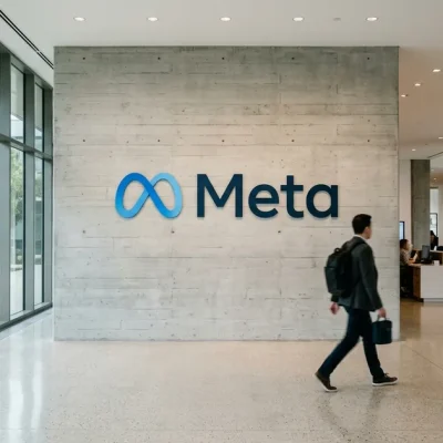 The Meta infinity-loop logo mounted on a concrete lobby wall as a person walks past in daylight