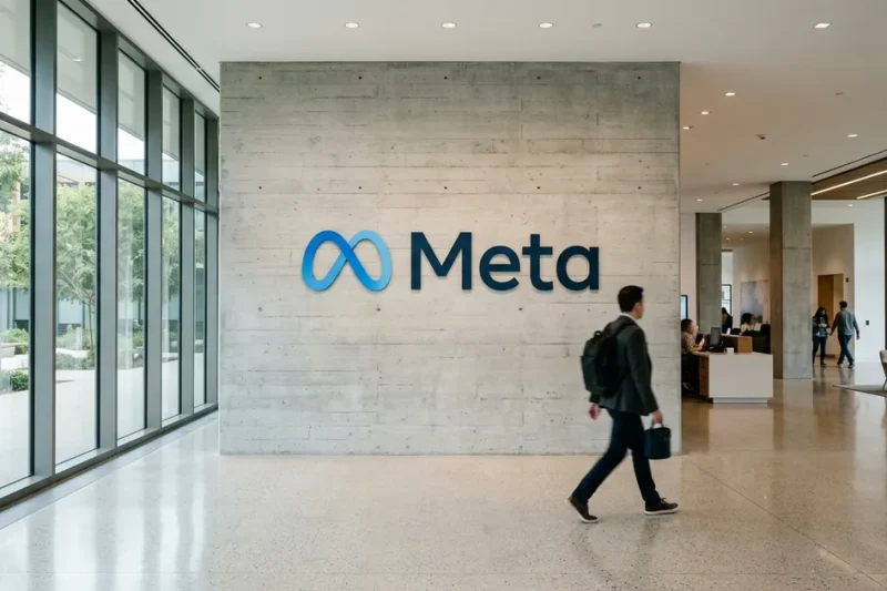 The Meta infinity-loop logo mounted on a concrete lobby wall as a person walks past in daylight