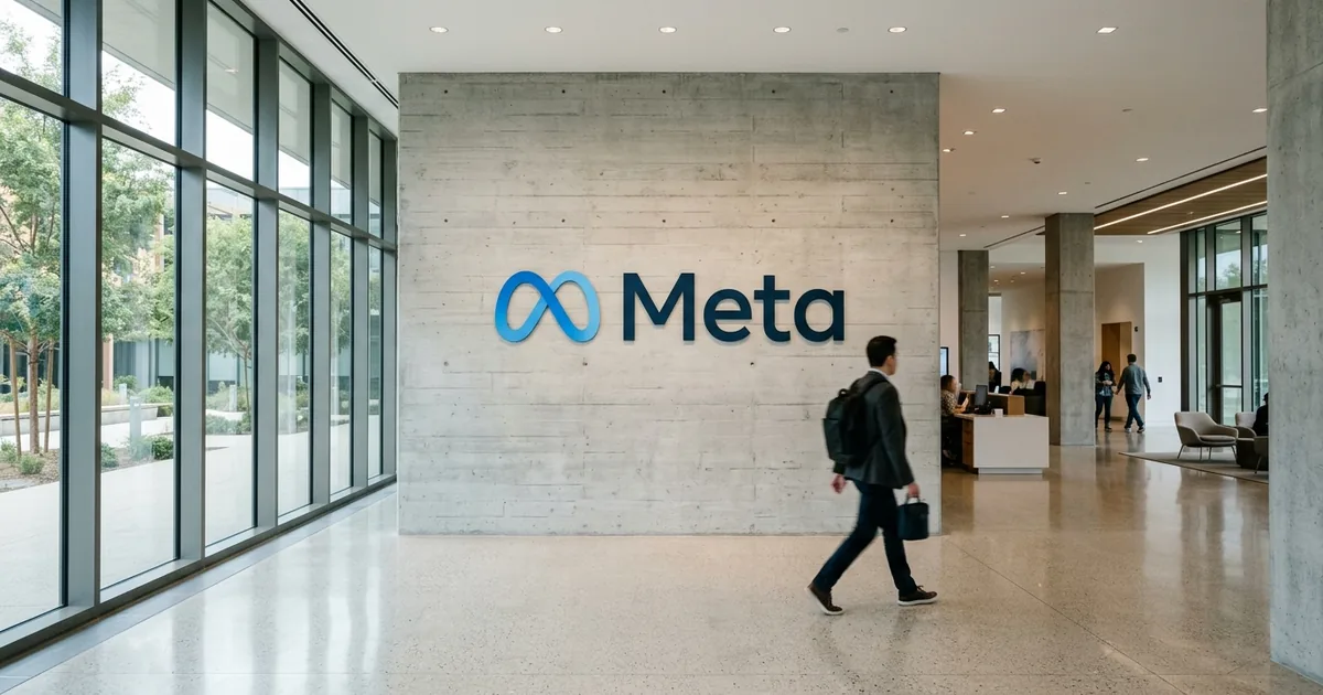 The Meta infinity-loop logo mounted on a concrete lobby wall as a person walks past in daylight