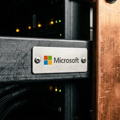 Macro photograph of a brushed steel plate bearing the Microsoft logo riveted to a dark server rail beside a copper power busbar inside a data center rack
