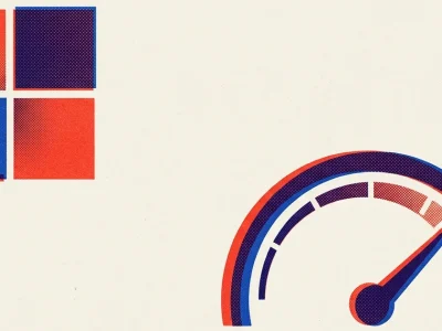 Two-colour risograph poster showing the Microsoft four-square logo beside an analogue utility meter with its needle pushed into the top of its range