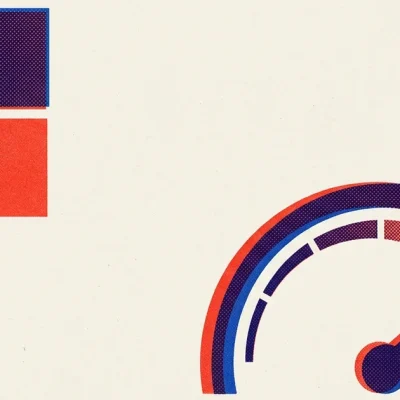 Two-colour risograph poster showing the Microsoft four-square logo beside an analogue utility meter with its needle pushed into the top of its range