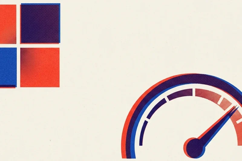 Two-colour risograph poster showing the Microsoft four-square logo beside an analogue utility meter with its needle pushed into the top of its range