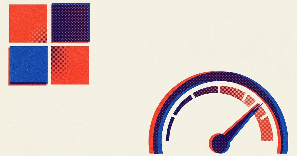 Two-colour risograph poster showing the Microsoft four-square logo beside an analogue utility meter with its needle pushed into the top of its range