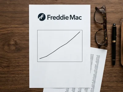An overhead view of a printed Freddie Mac report showing a rising trend line beside a rate sheet, glasses and a coffee cup