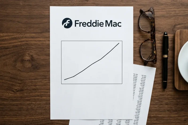An overhead view of a printed Freddie Mac report showing a rising trend line beside a rate sheet, glasses and a coffee cup