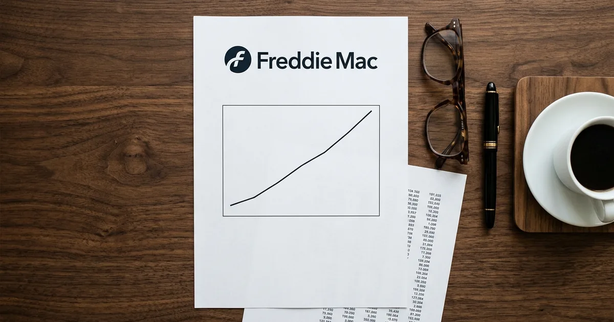 An overhead view of a printed Freddie Mac report showing a rising trend line beside a rate sheet, glasses and a coffee cup