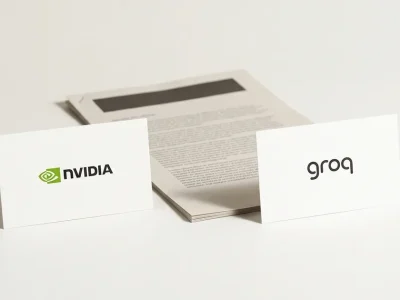 Two white business cards on a bone-white studio backdrop, one showing the NVIDIA logo and one the Groq logo, with a stapled printed document lying behind them
