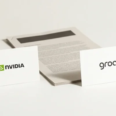 Two white business cards on a bone-white studio backdrop, one showing the NVIDIA logo and one the Groq logo, with a stapled printed document lying behind them
