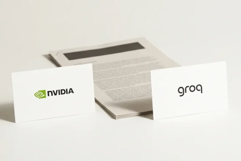 Two white business cards on a bone-white studio backdrop, one showing the NVIDIA logo and one the Groq logo, with a stapled printed document lying behind them