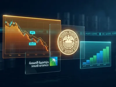 Trading display showing a falling WTI and Brent crude chart, the Federal Reserve seal, a Saudi Aramco panel and a rising interest rate bar chart