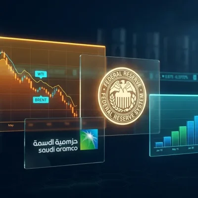 Trading display showing a falling WTI and Brent crude chart, the Federal Reserve seal, a Saudi Aramco panel and a rising interest rate bar chart
