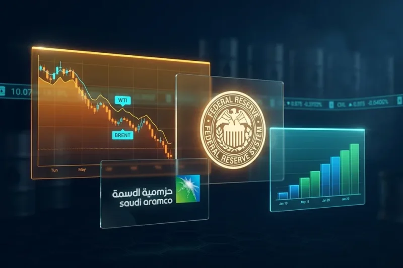 Trading display showing a falling WTI and Brent crude chart, the Federal Reserve seal, a Saudi Aramco panel and a rising interest rate bar chart