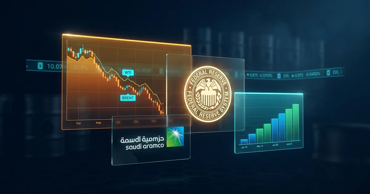 Trading display showing a falling WTI and Brent crude chart, the Federal Reserve seal, a Saudi Aramco panel and a rising interest rate bar chart