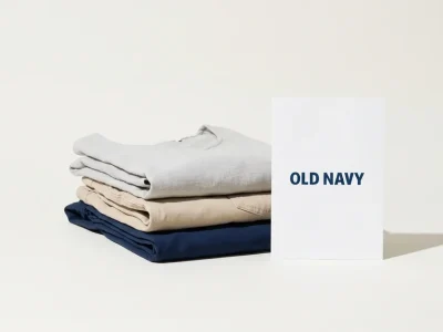 Stack of folded summer clothing in grey, tan and navy next to a white printed card reading Old Navy on a bone-white studio backdrop
