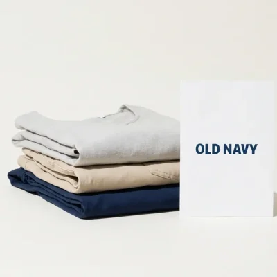 Stack of folded summer clothing in grey, tan and navy next to a white printed card reading Old Navy on a bone-white studio backdrop