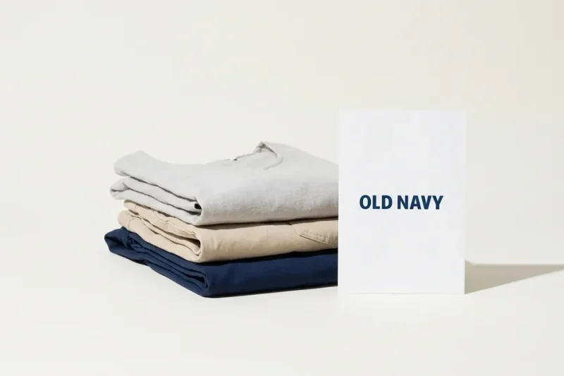 Stack of folded summer clothing in grey, tan and navy next to a white printed card reading Old Navy on a bone-white studio backdrop