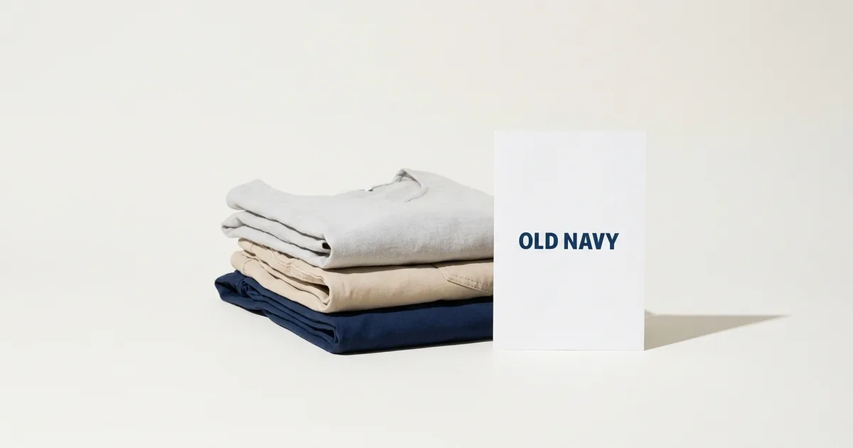 Stack of folded summer clothing in grey, tan and navy next to a white printed card reading Old Navy on a bone-white studio backdrop