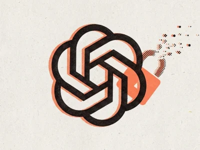 Two-colour risograph poster in coral and black on newsprint showing the OpenAI knot logo beside a padlock shackle dissolving into halftone dots