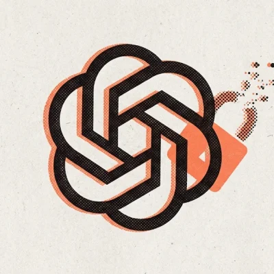 Two-colour risograph poster in coral and black on newsprint showing the OpenAI knot logo beside a padlock shackle dissolving into halftone dots