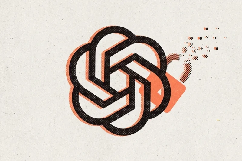 Two-colour risograph poster in coral and black on newsprint showing the OpenAI knot logo beside a padlock shackle dissolving into halftone dots