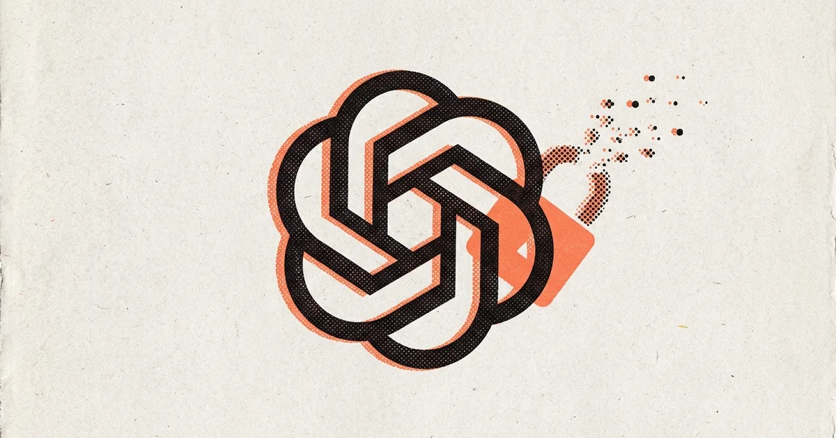 Two-colour risograph poster in coral and black on newsprint showing the OpenAI knot logo beside a padlock shackle dissolving into halftone dots