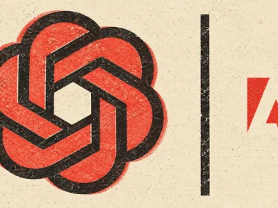 Risograph style poster showing a large OpenAI knot logo separated from a small red Adobe logo by a thick black vertical rule on cream paper