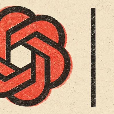 Risograph style poster showing a large OpenAI knot logo separated from a small red Adobe logo by a thick black vertical rule on cream paper