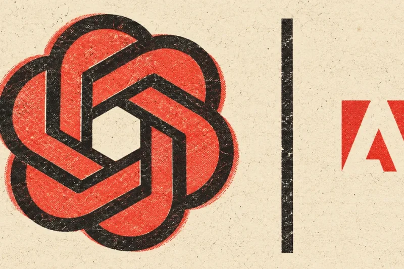 Risograph style poster showing a large OpenAI knot logo separated from a small red Adobe logo by a thick black vertical rule on cream paper