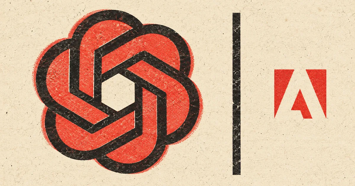Risograph style poster showing a large OpenAI knot logo separated from a small red Adobe logo by a thick black vertical rule on cream paper