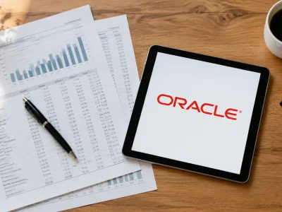 Overhead view of printed financial report pages, a pen, coffee and reading glasses on a wooden desk beside a tablet displaying the Oracle logo