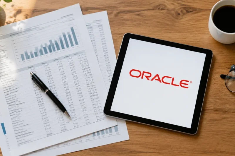 Overhead view of printed financial report pages, a pen, coffee and reading glasses on a wooden desk beside a tablet displaying the Oracle logo