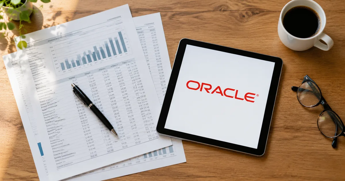 Overhead view of printed financial report pages, a pen, coffee and reading glasses on a wooden desk beside a tablet displaying the Oracle logo