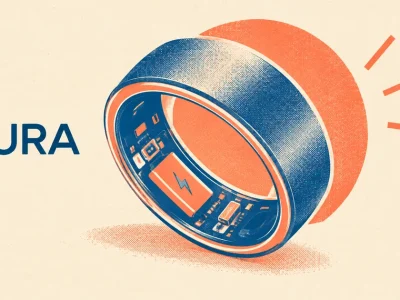 Risograph-style illustration in coral and navy of an Oura smart ring cut away to reveal the battery cell and circuitry inside the band, beside the Oura wordmark