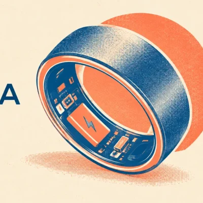 Risograph-style illustration in coral and navy of an Oura smart ring cut away to reveal the battery cell and circuitry inside the band, beside the Oura wordmark